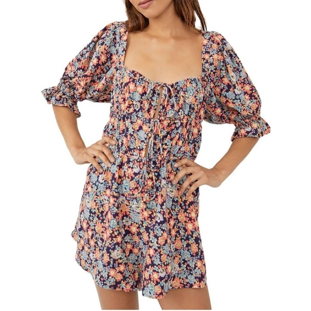 Free People Show Me Love Romper Navy Floral Medium Smocked Back Linen Blend Boho